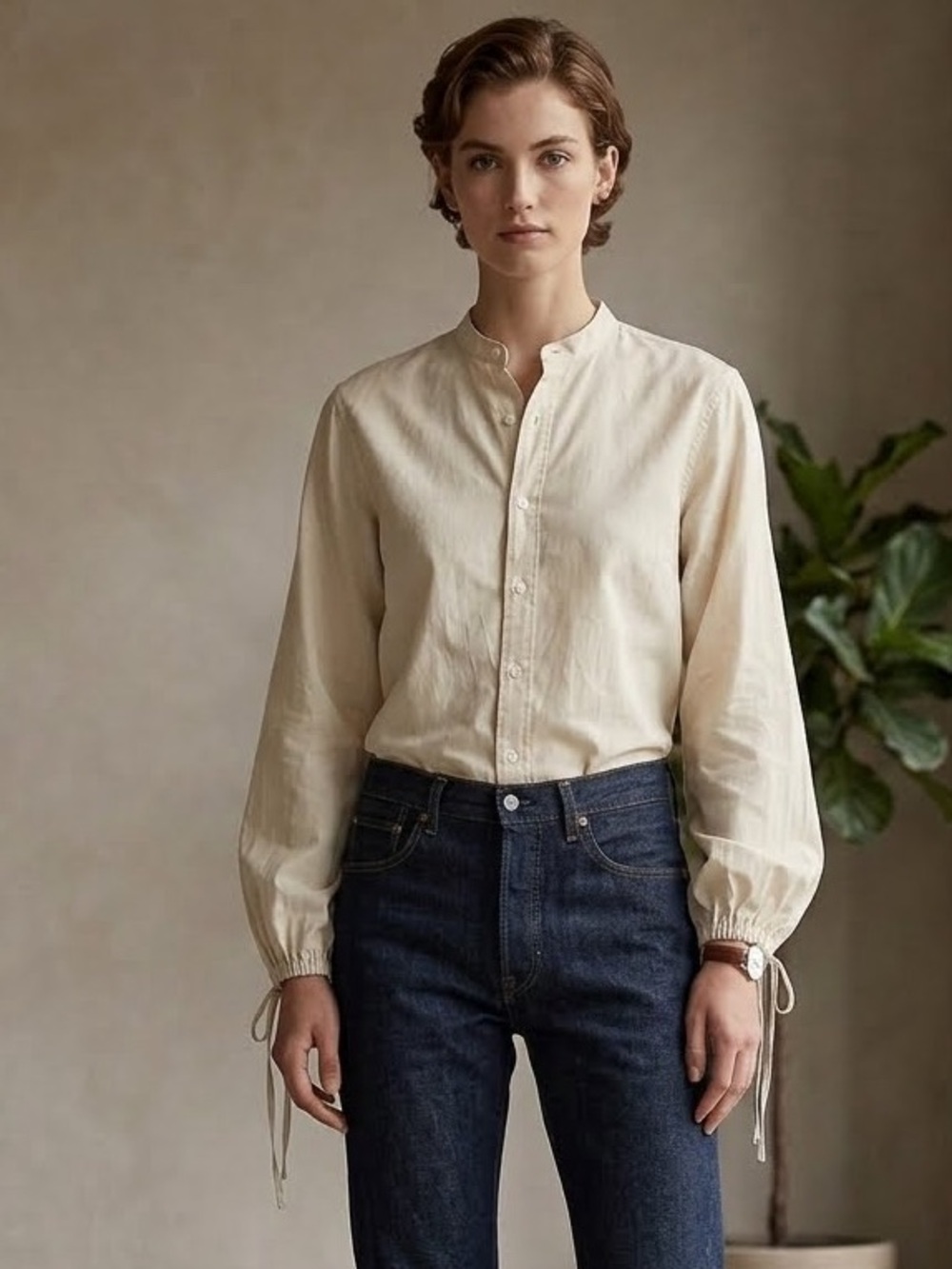 Ralph Lauren Khaki Band Collar Long Sleeve Shirt Drawstring Sleeves Large